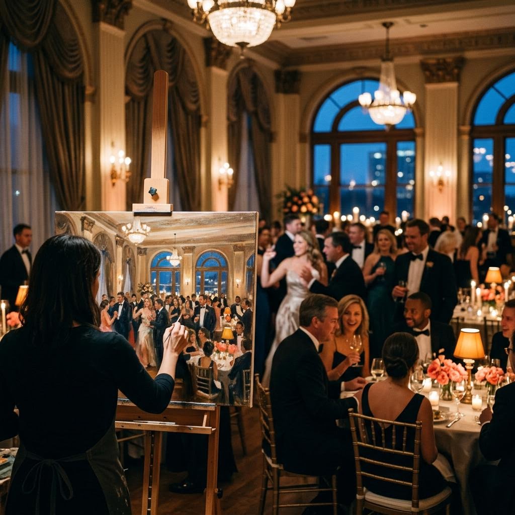 Conceptual scene of a painter at work during an evening celebration
